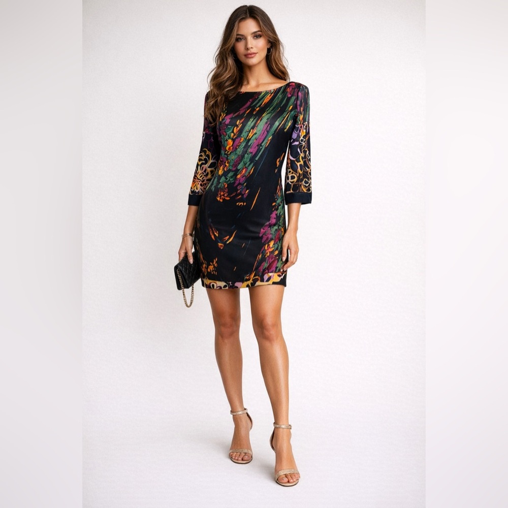 Elie Tahari Dress Black Floral XS Extra Small 0 2 4 3/4 Long Sleeve Stretch Silk